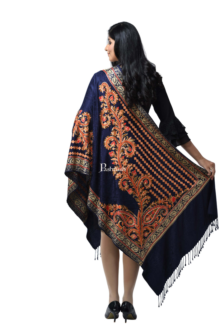 Pashwool Womens Stoles and Scarves Scarf Pashwool, Womens Kashmiri Aari Embroidery Stole, Soft Bamboo, Blue