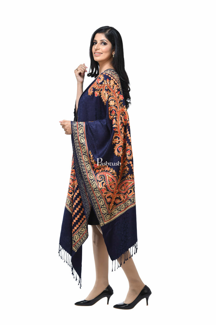 Pashwool Womens Stoles and Scarves Scarf Pashwool, Womens Kashmiri Aari Embroidery Stole, Soft Bamboo, Blue