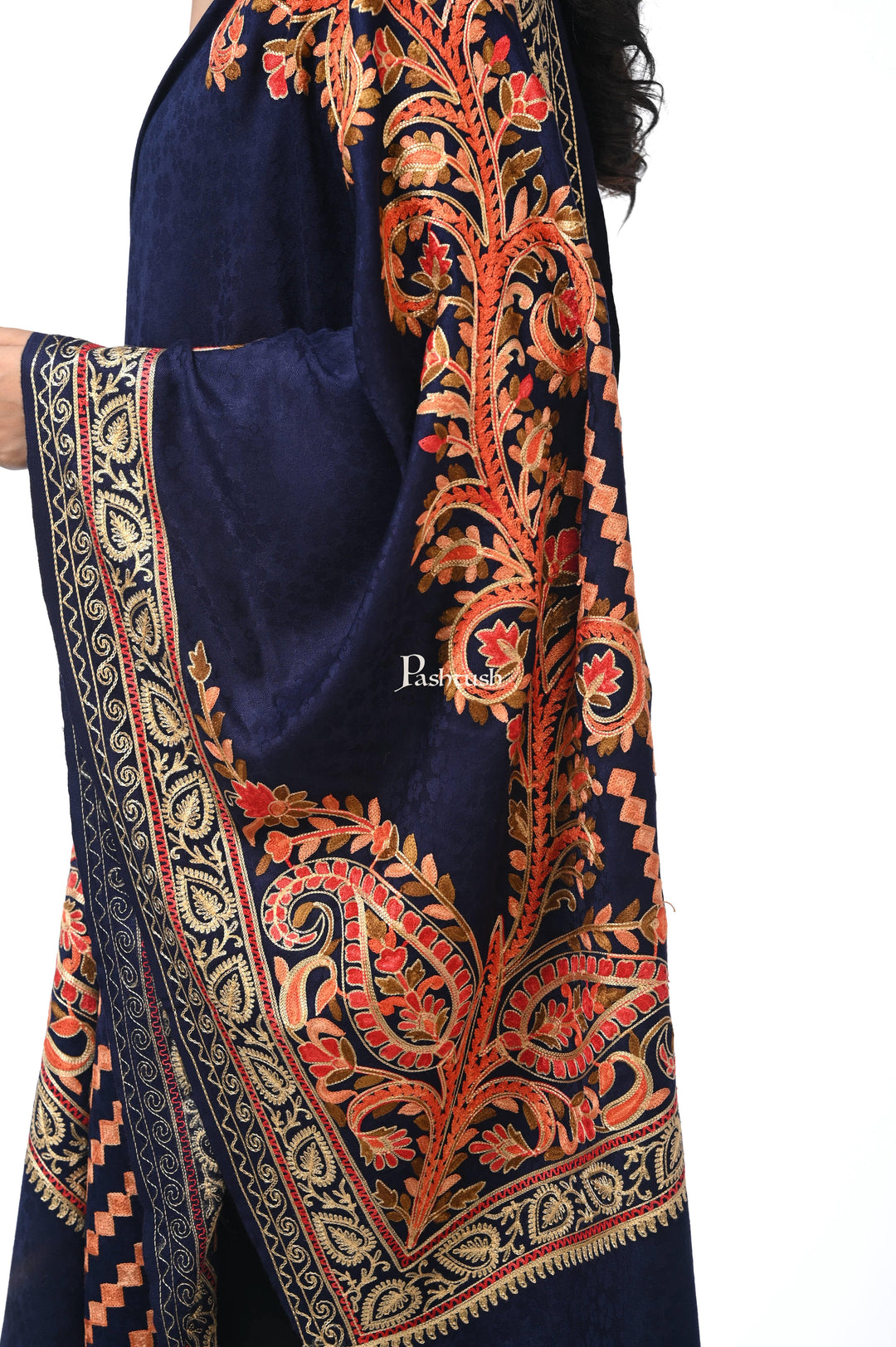 Pashwool Womens Stoles and Scarves Scarf Pashwool, Womens Kashmiri Aari Embroidery Stole, Soft Bamboo, Blue