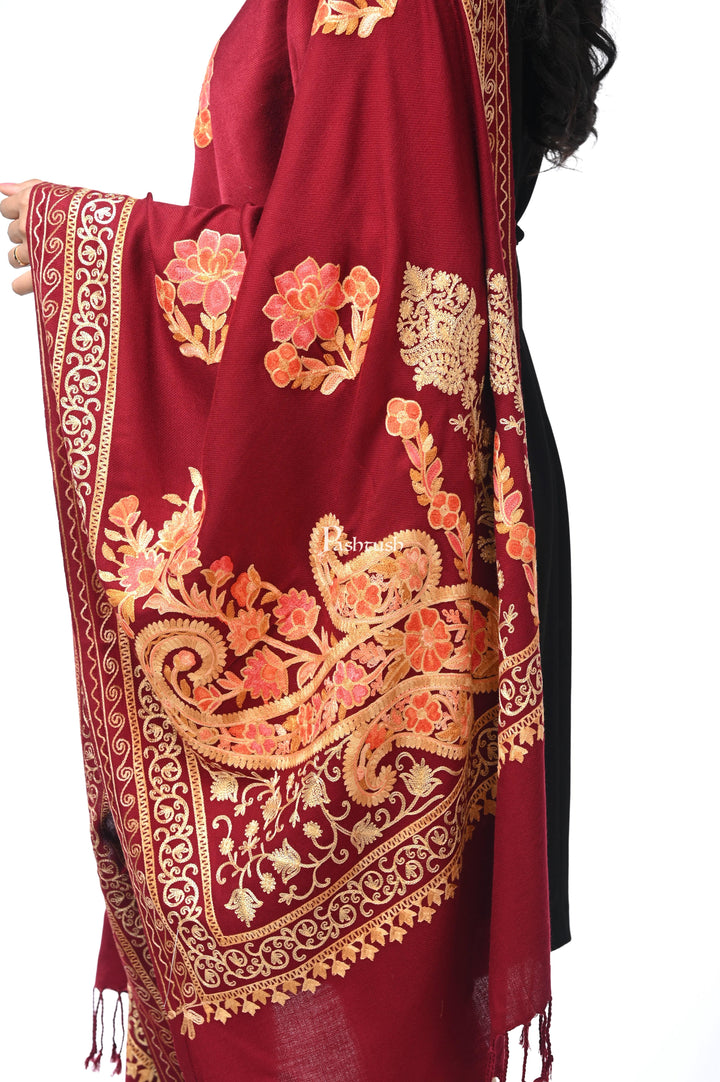 Pashwool Womens Stoles and Scarves Scarf Pashwool, Womens Kashmiri Aari Embroidery Stole, Soft Bamboo Crimson