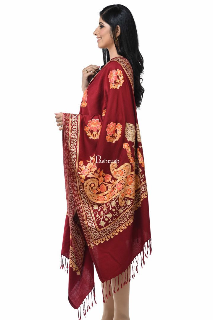 Pashwool Womens Stoles and Scarves Scarf Pashwool, Womens Kashmiri Aari Embroidery Stole, Soft Bamboo Crimson