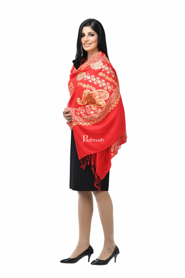 Pashwool Womens Stoles and Scarves Scarf Pashwool, Womens Kashmiri Aari Embroidery Stole, Soft Bamboo Deep Red