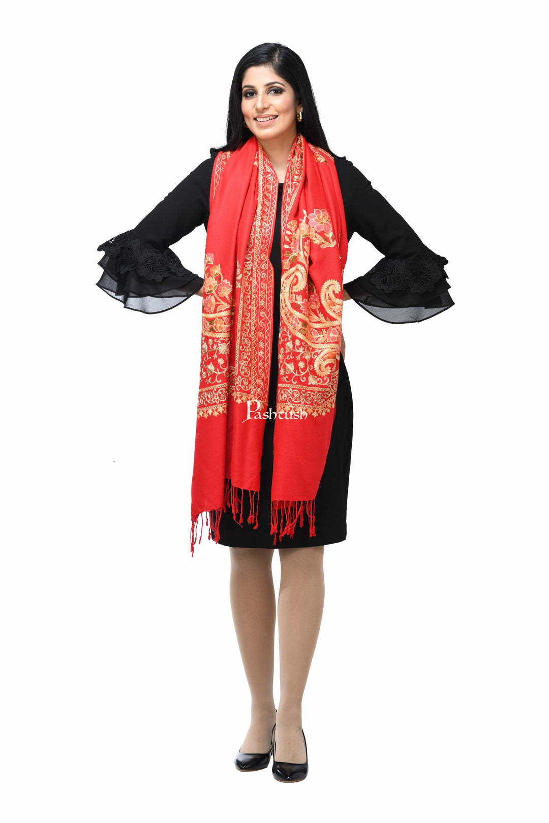 Pashwool Womens Stoles and Scarves Scarf Pashwool, Womens Kashmiri Aari Embroidery Stole, Soft Bamboo Deep Red