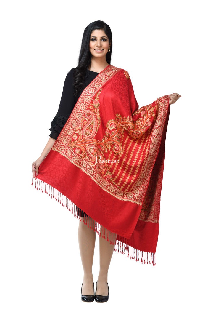 Pashwool Womens Stoles and Scarves Scarf Pashwool, Womens Kashmiri Aari Embroidery Stole, Soft Bamboo Maroon