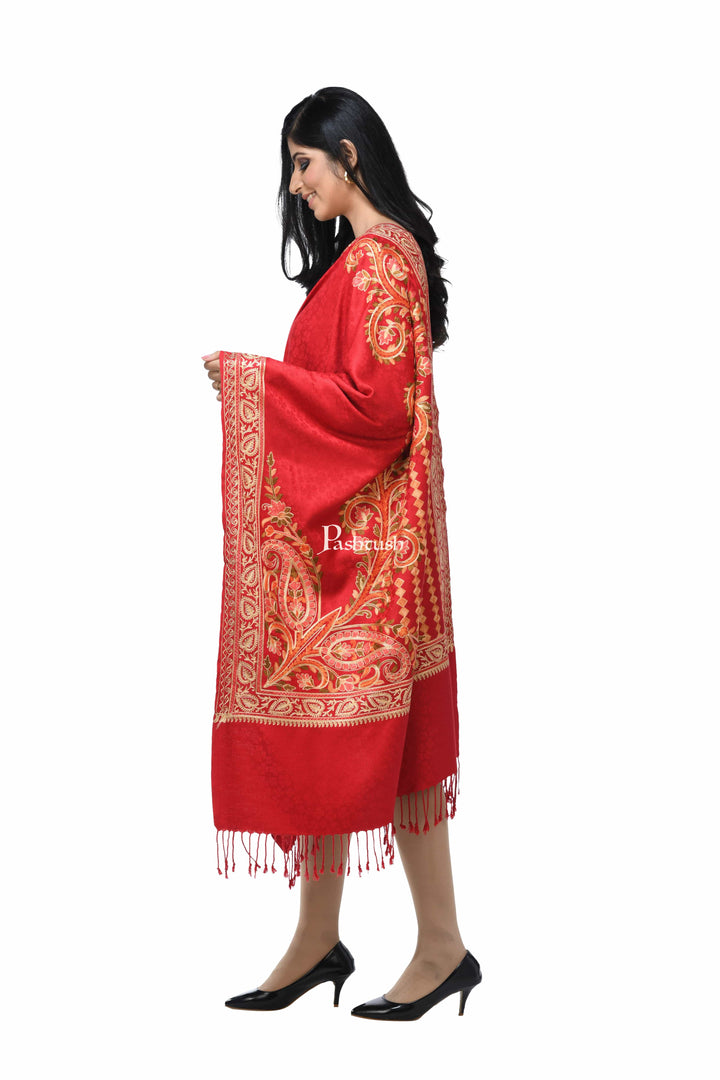 Pashwool Womens Stoles and Scarves Scarf Pashwool, Womens Kashmiri Aari Embroidery Stole, Soft Bamboo Maroon