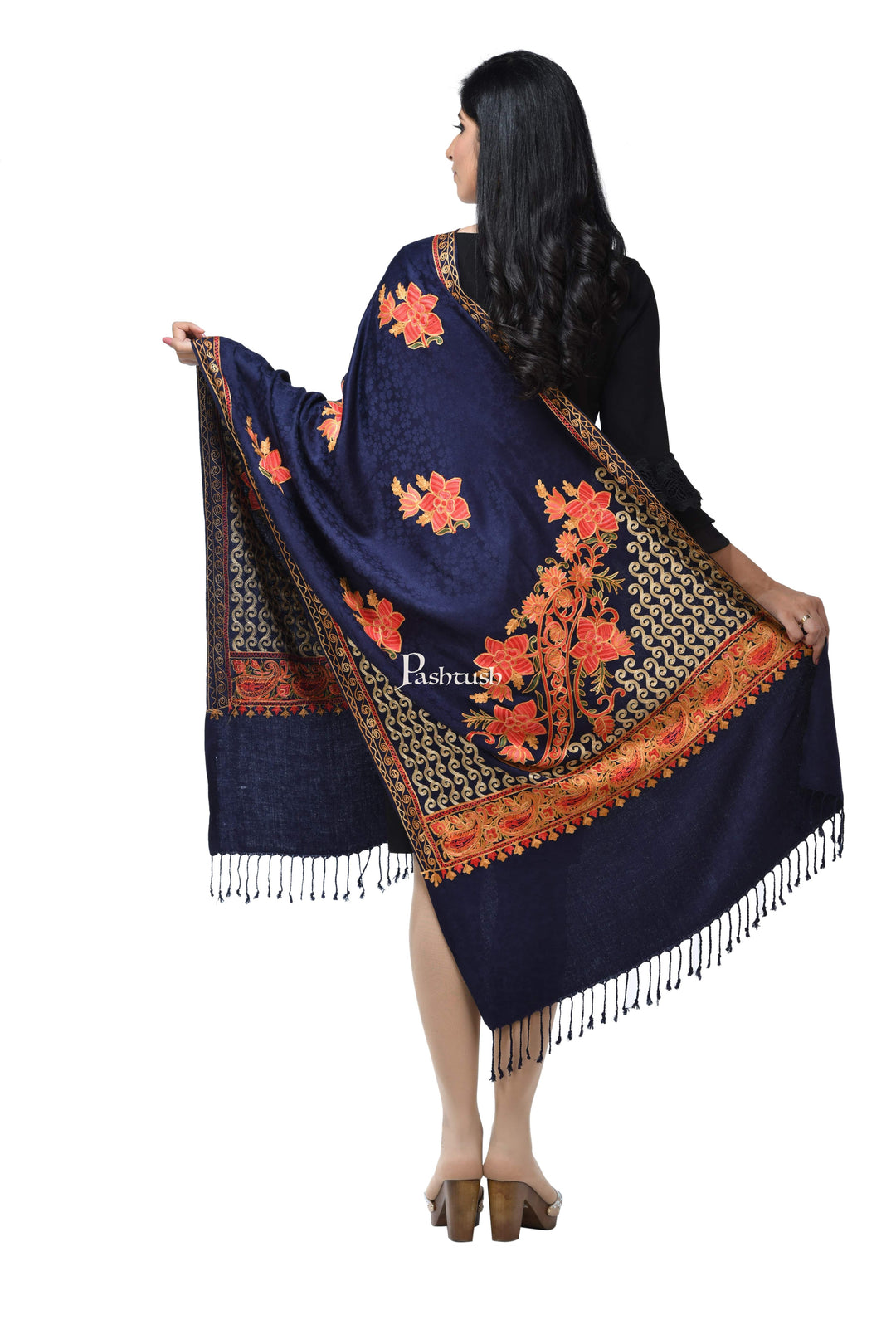 Pashwool Womens Stoles and Scarves Scarf Pashwool, Womens Kashmiri Aari Embroidery Stole, Soft Bamboo Navy Blue