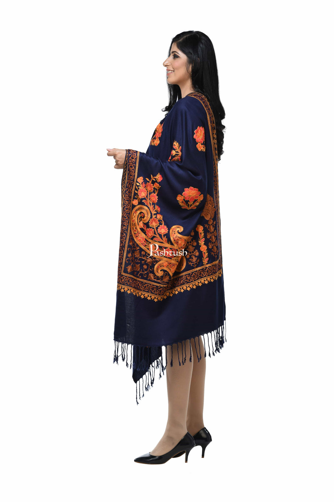 Pashwool Womens Stoles and Scarves Scarf Pashwool, Womens Kashmiri Aari Embroidery Stole, Soft Bamboo, Navy Blue