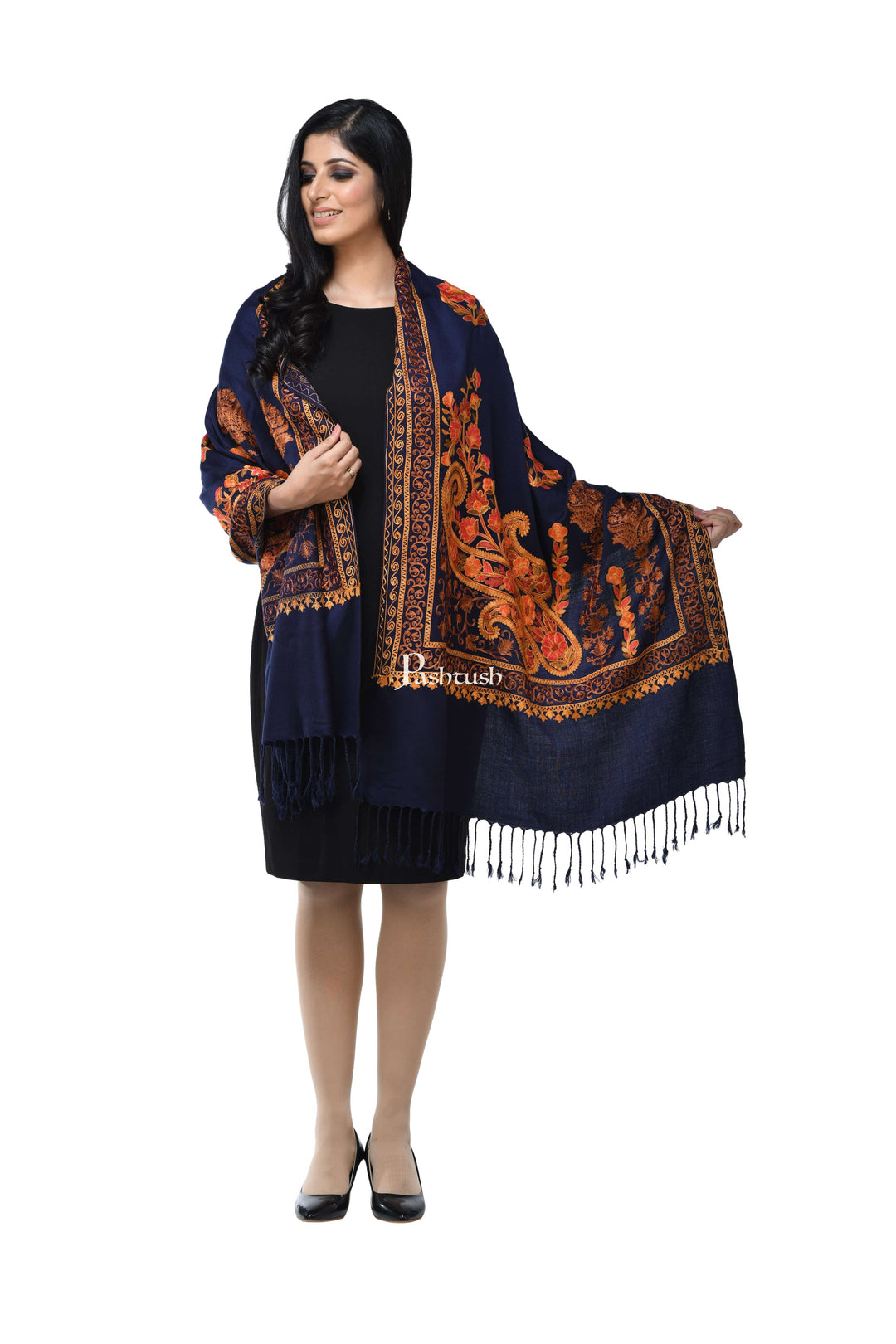 Pashwool Womens Stoles and Scarves Scarf Pashwool, Womens Kashmiri Aari Embroidery Stole, Soft Bamboo, Navy Blue