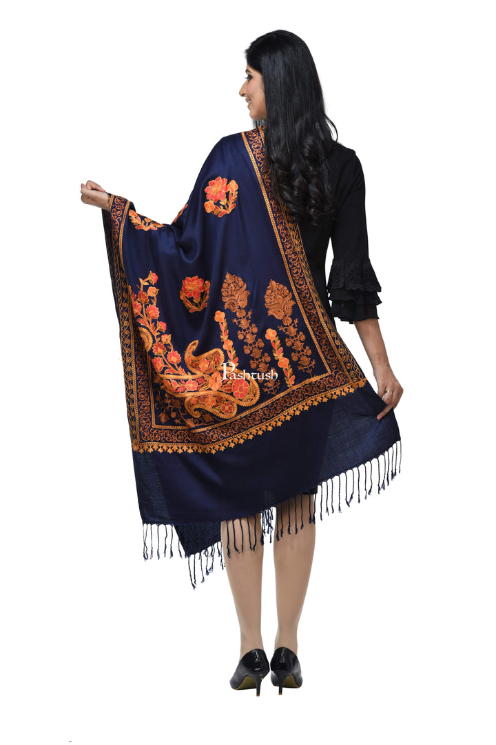 Pashwool Womens Stoles and Scarves Scarf Pashwool, Womens Kashmiri Aari Embroidery Stole, Soft Bamboo, Navy Blue