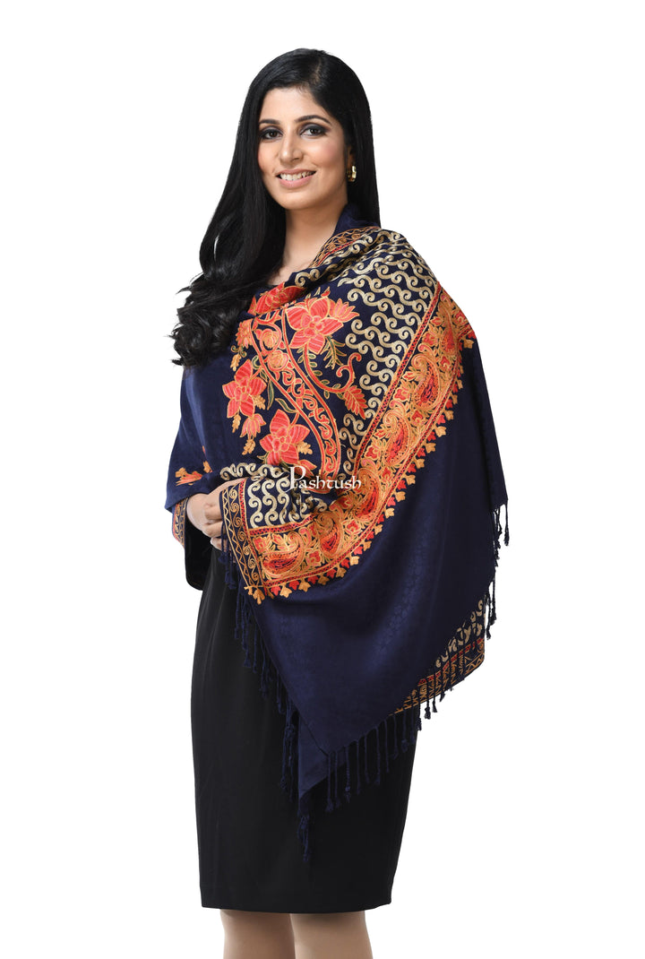 Pashwool Womens Stoles and Scarves Scarf Pashwool, Womens Kashmiri Aari Embroidery Stole, Soft Bamboo Navy Blue