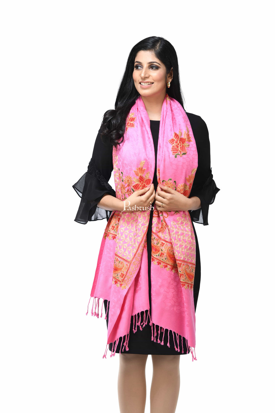 Pashwool Womens Stoles and Scarves Scarf Pashwool, Womens Kashmiri Aari Embroidery Stole, Soft Bamboo Pink