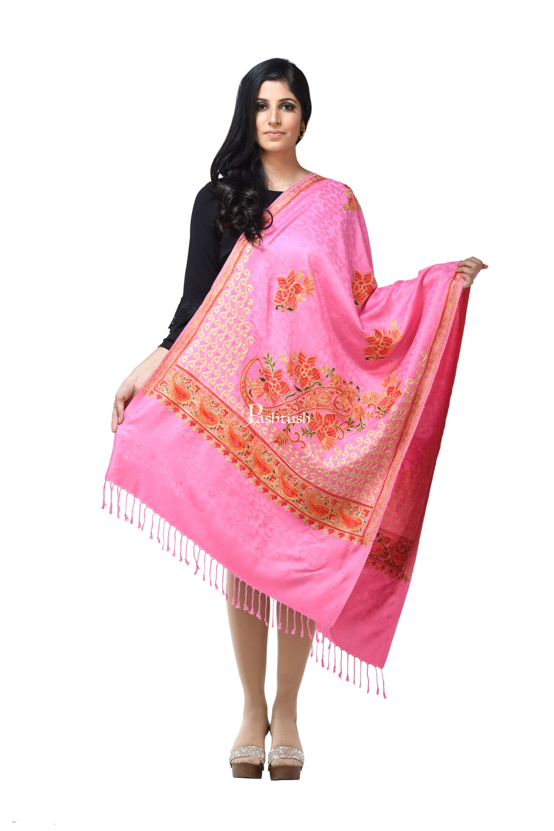 Pashwool Womens Stoles and Scarves Scarf Pashwool, Womens Kashmiri Aari Embroidery Stole, Soft Bamboo Pink