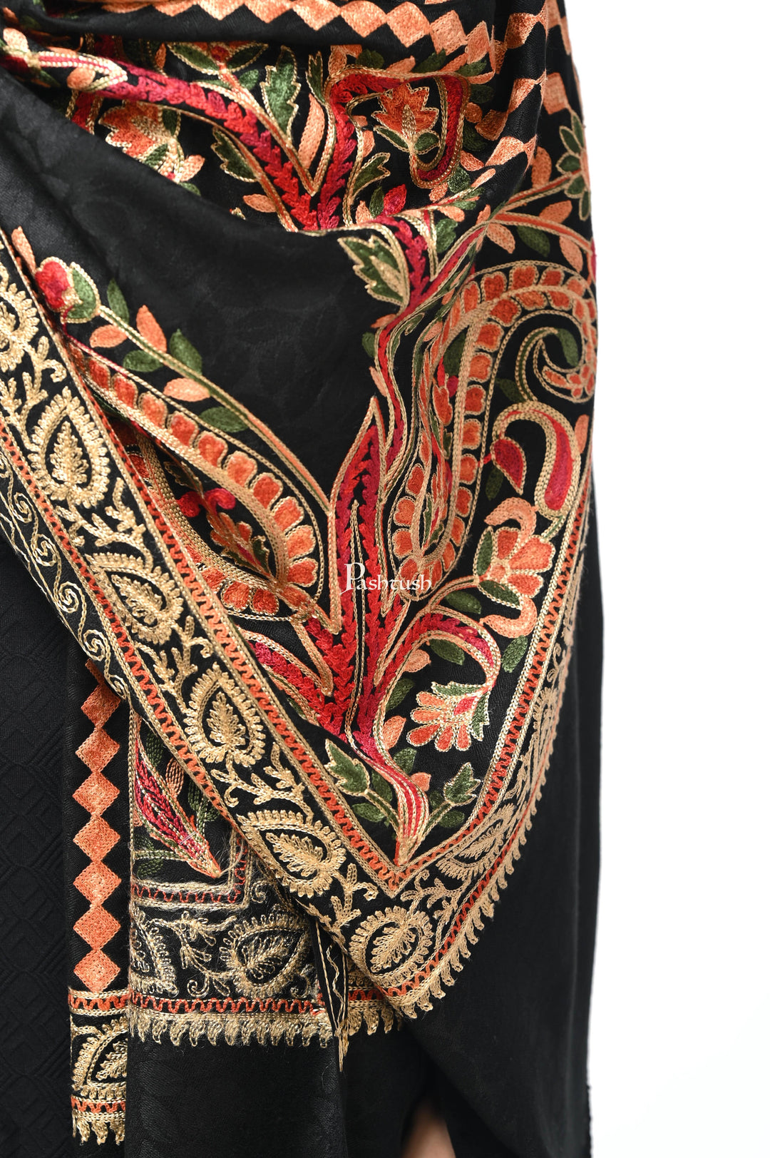 Pashwool Womens Stoles and Scarves Scarf Pashwool, Womens Kashmiri Aari Embroidery Stole, Soft Bamboo Rich Black
