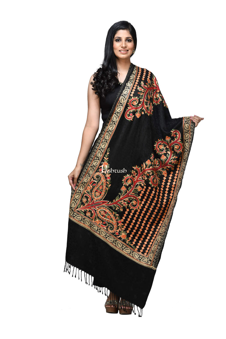 Pashwool Womens Stoles and Scarves Scarf Pashwool, Womens Kashmiri Aari Embroidery Stole, Soft Bamboo Rich Black