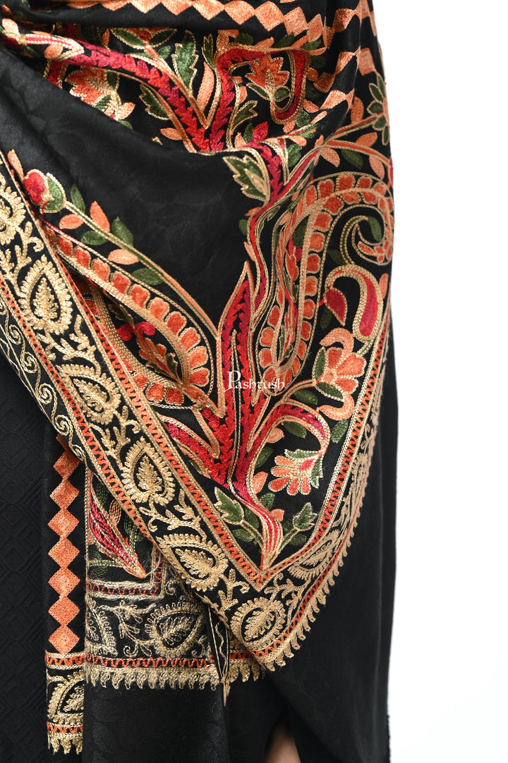 Pashwool Womens Stoles and Scarves Scarf Pashwool, Womens Kashmiri Aari Embroidery Stole, Soft Bamboo Rich Black