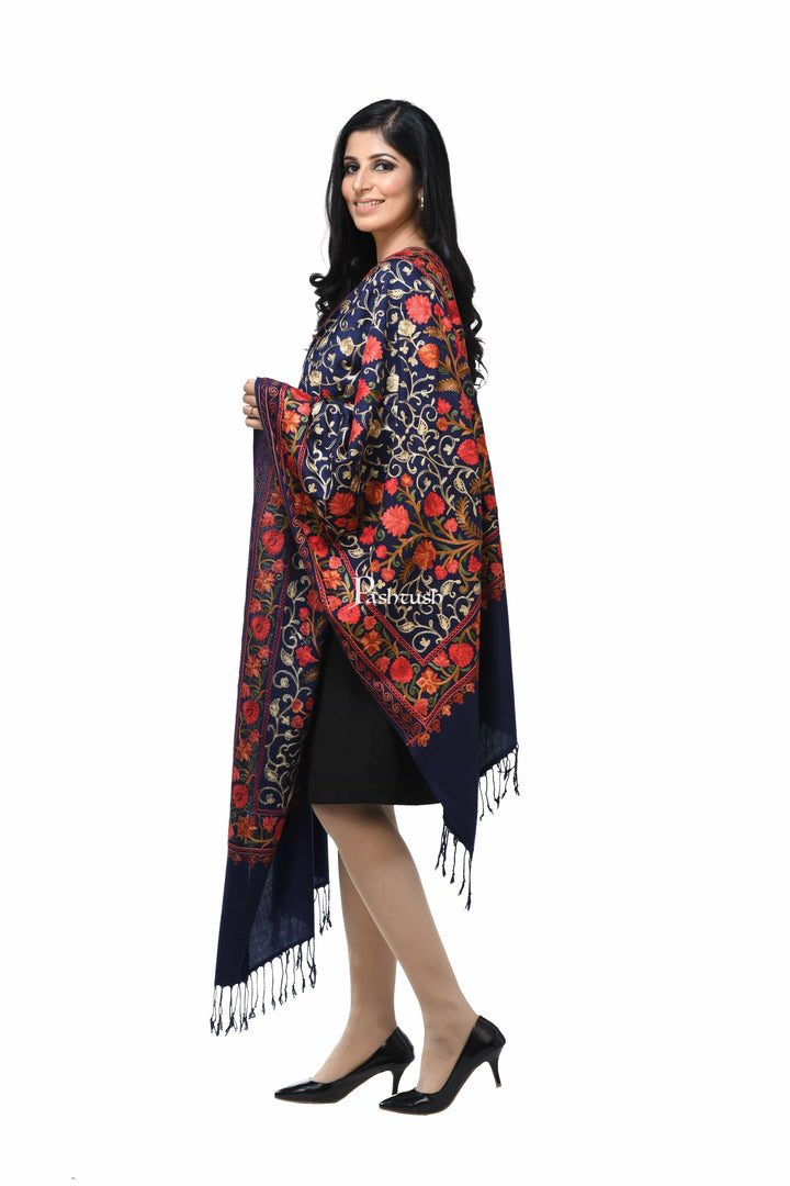 Pashwool Womens Stoles and Scarves Scarf Pashwool Womens Kashmiri Embroidery Stole, Soft And Warm, Woollen Stole, Blue