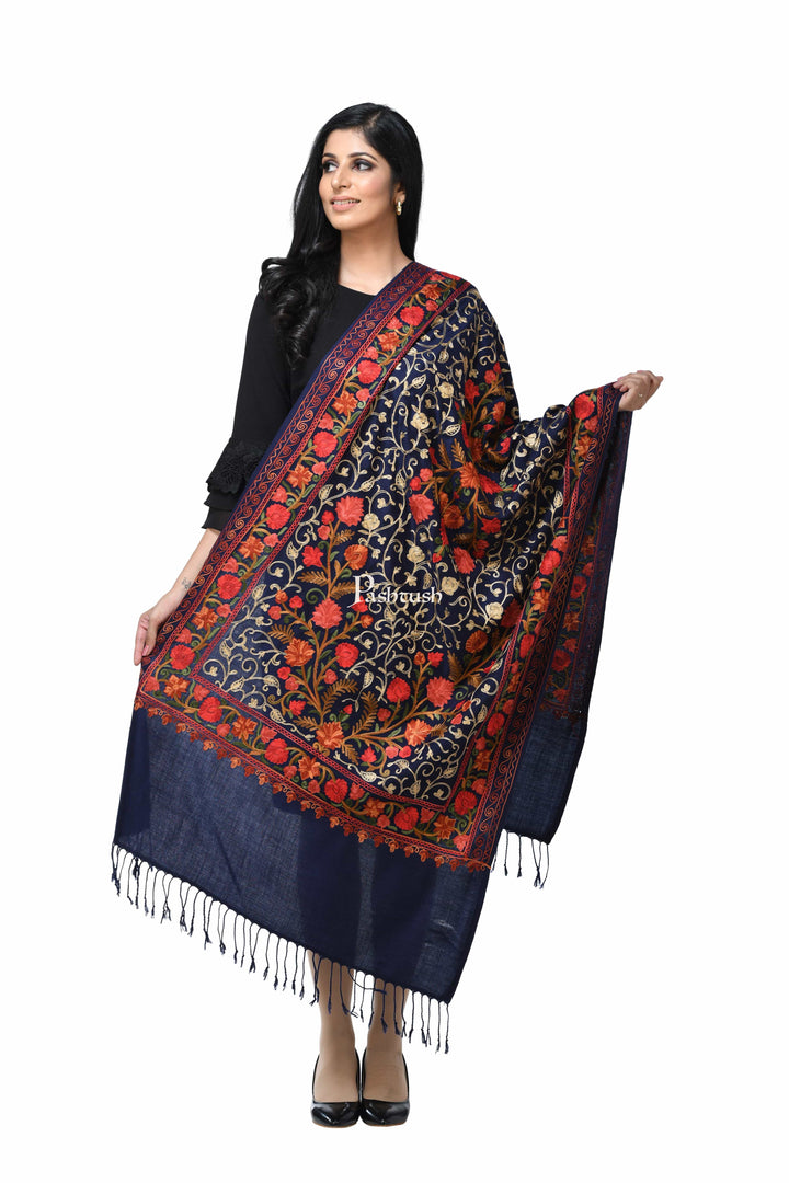 Pashwool Womens Stoles and Scarves Scarf Pashwool Womens Kashmiri Embroidery Stole, Soft And Warm, Woollen Stole, Blue