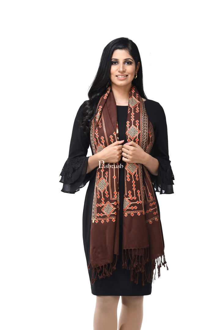 Pashwool Womens Stoles and Scarves Scarf Pashwool Womens Kashmiri Embroidery Stole, Soft And Warm, Woollen Stole Coffee