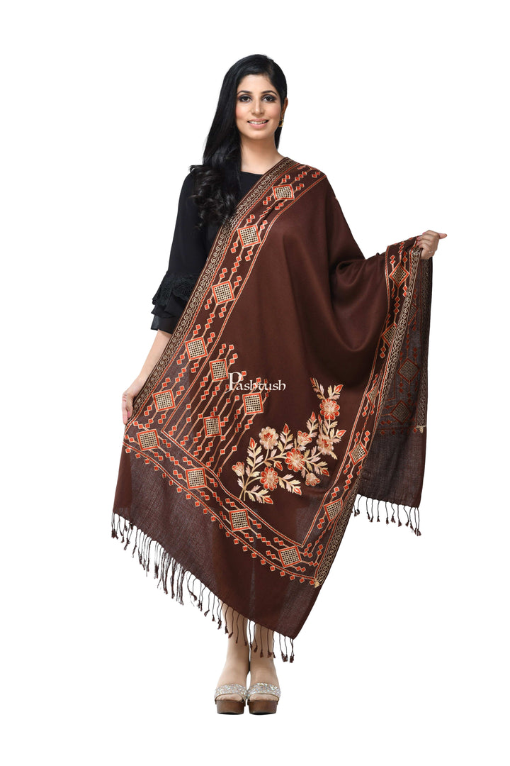 Pashwool Womens Stoles and Scarves Scarf Pashwool Womens Kashmiri Embroidery Stole, Soft And Warm, Woollen Stole Coffee