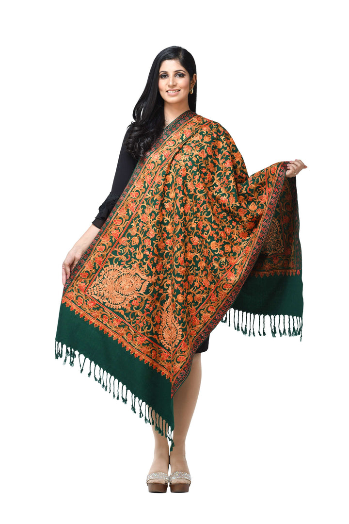 Pashwool Womens Stoles and Scarves Scarf Pashwool Womens Kashmiri Embroidery Stole, Soft And Warm, Woollen Stole Green