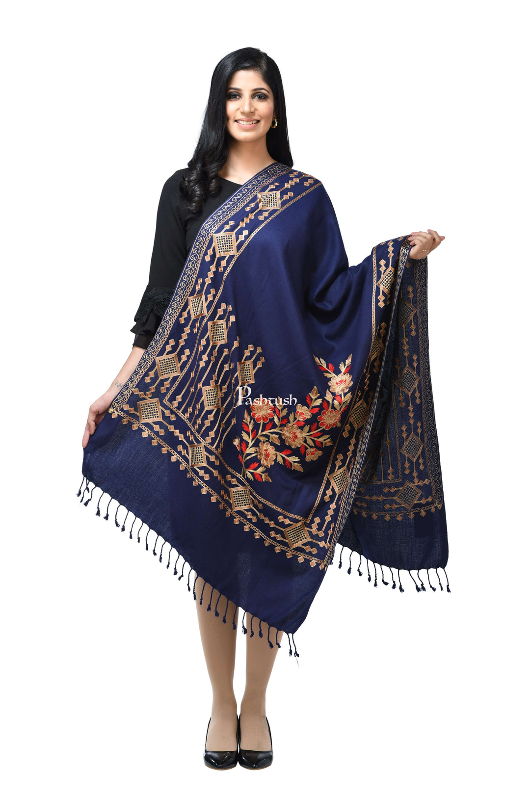 Pashwool Womens Stoles and Scarves Scarf Pashwool Womens Kashmiri Embroidery Stole, Soft And Warm, Woollen Stole, Navy Blue