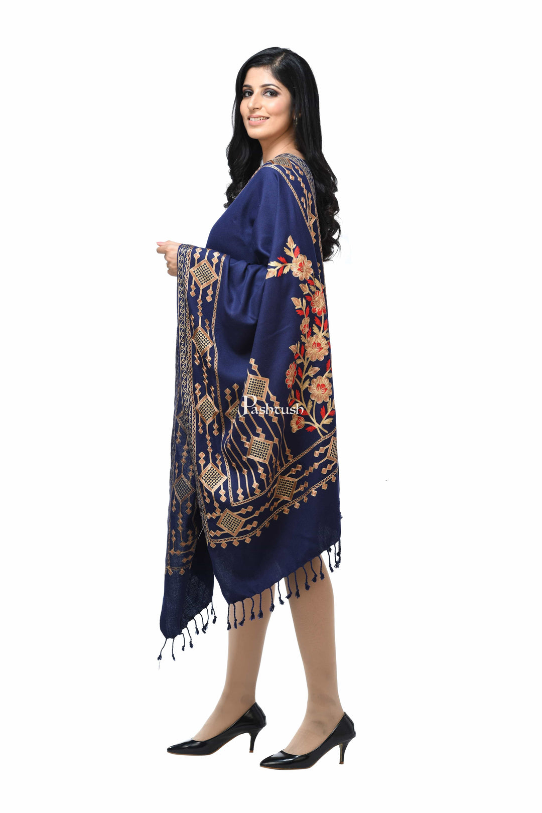 Pashwool Womens Stoles and Scarves Scarf Pashwool Womens Kashmiri Embroidery Stole, Soft And Warm, Woollen Stole, Navy Blue