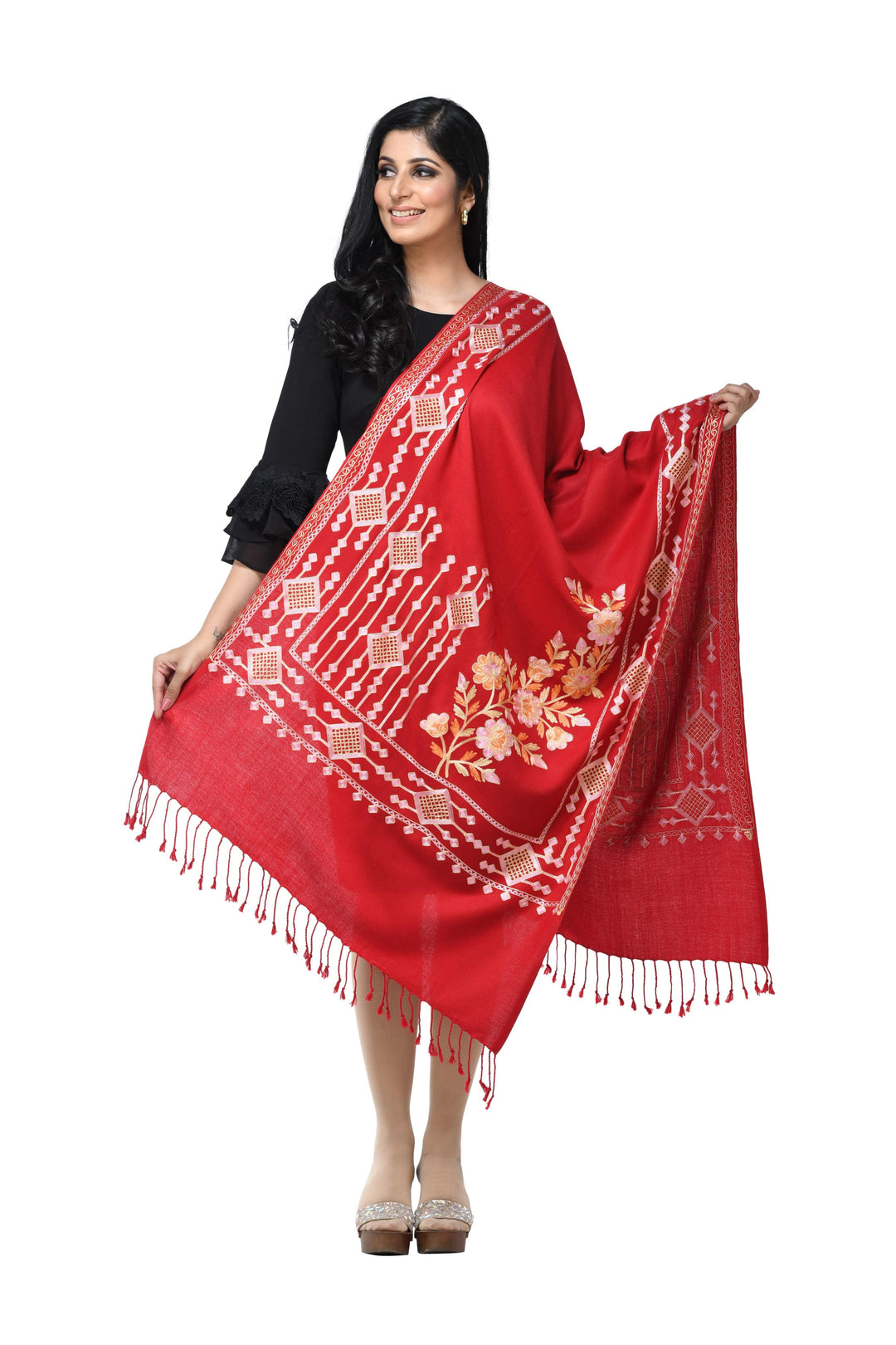 Pashwool Womens Stoles and Scarves Scarf Pashwool Womens Kashmiri Embroidery Stole, Woollen Stole, Soft And Warm,Maroon