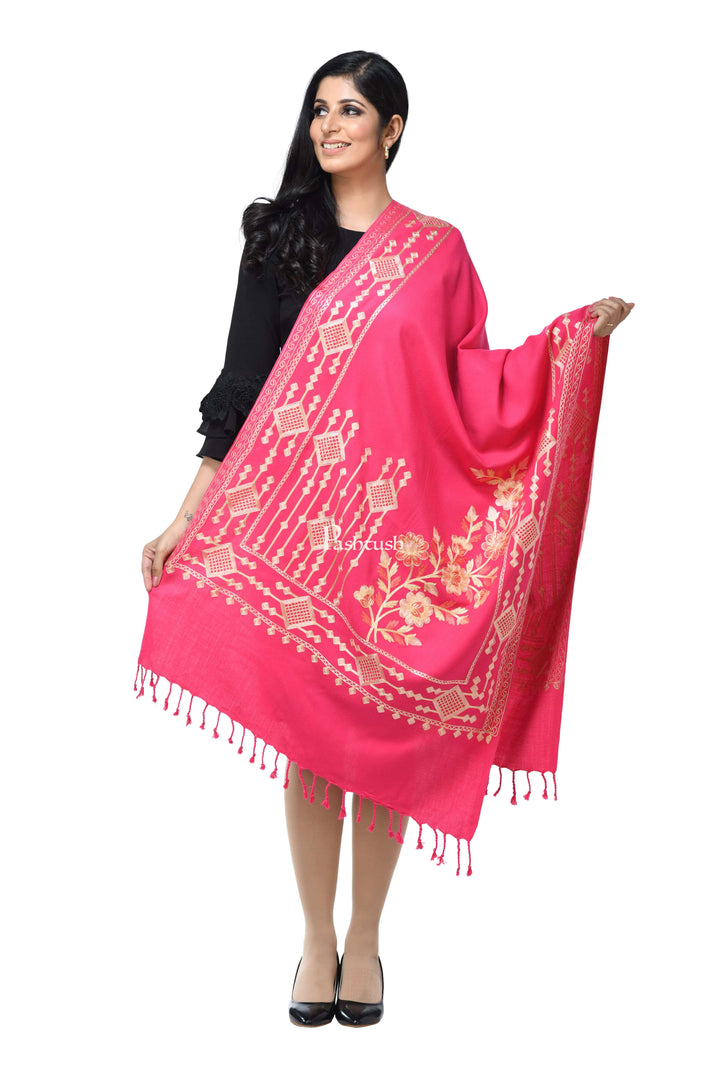 Pashwool Womens Stoles and Scarves Scarf Pashwool Womens Kashmiri Embroidery Stole, Woollen Stole, Soft And Warm, Pink