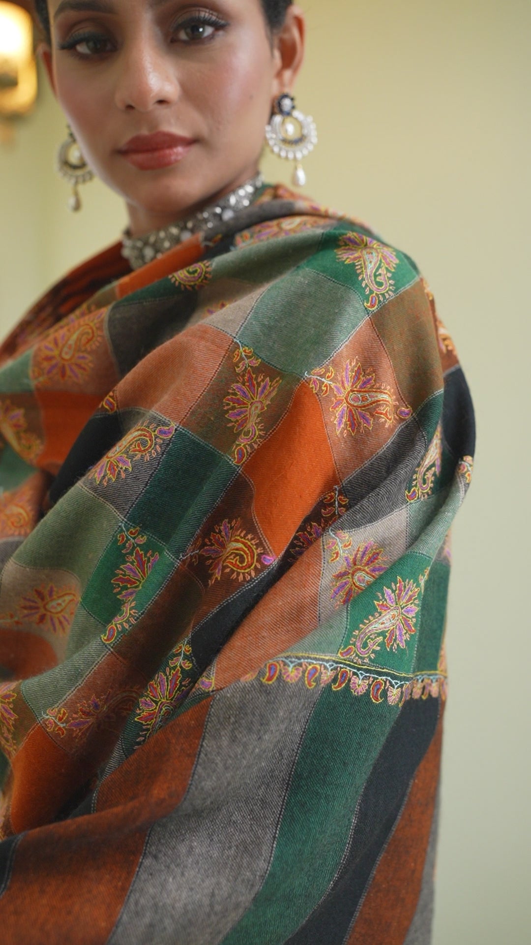 Pashtush Womens Pure Pashmina Shawl, Woven Checks Decorated With Sozni Embroidery Design, Multicolour