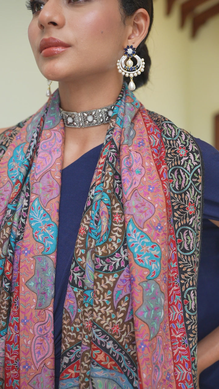 Pashtush Womens Pure Pashmina Shawl, Hand Painted And Embroidered Kalamkari Design, Multicolour