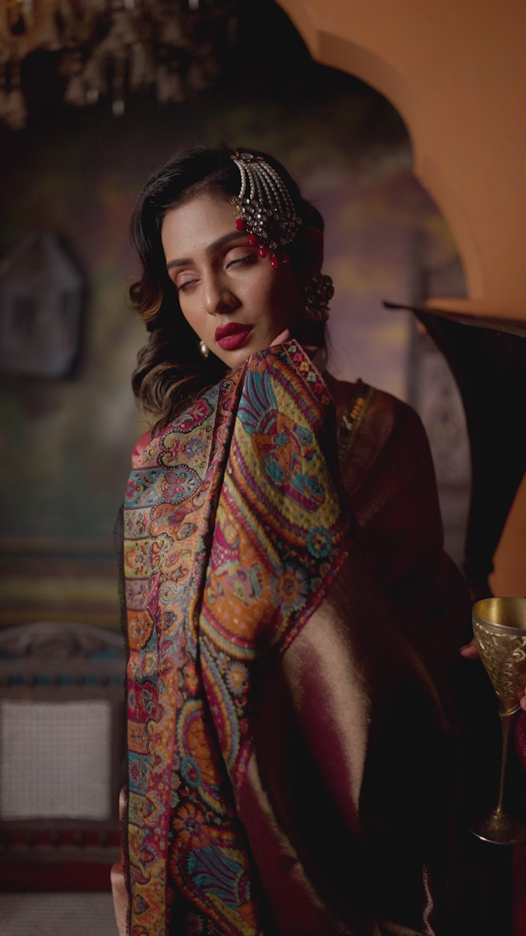 Pashtush Womens Shawl, Twilight Collection, Fine Wool, Amber and Gold