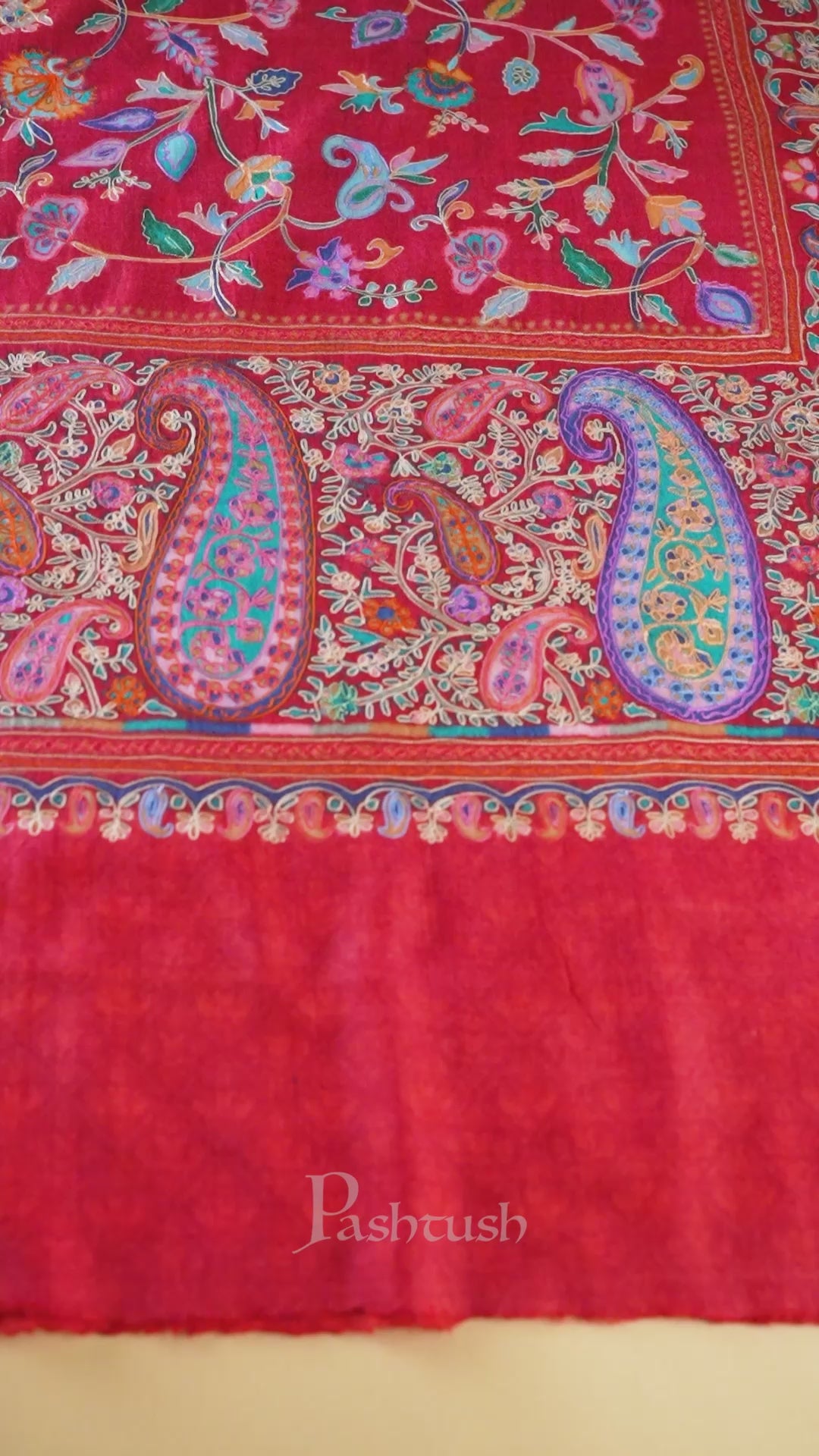 Pashtush womens Fine Wool shawl, Hand Embroidered Kalamkari design, Crimson