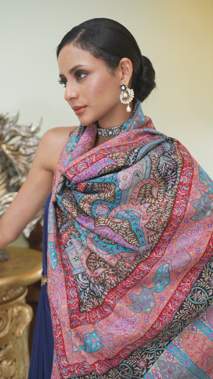 Pashtush Womens Pure Pashmina Shawl, Hand Painted And Embroidered Kalamkari Design, Multicolour