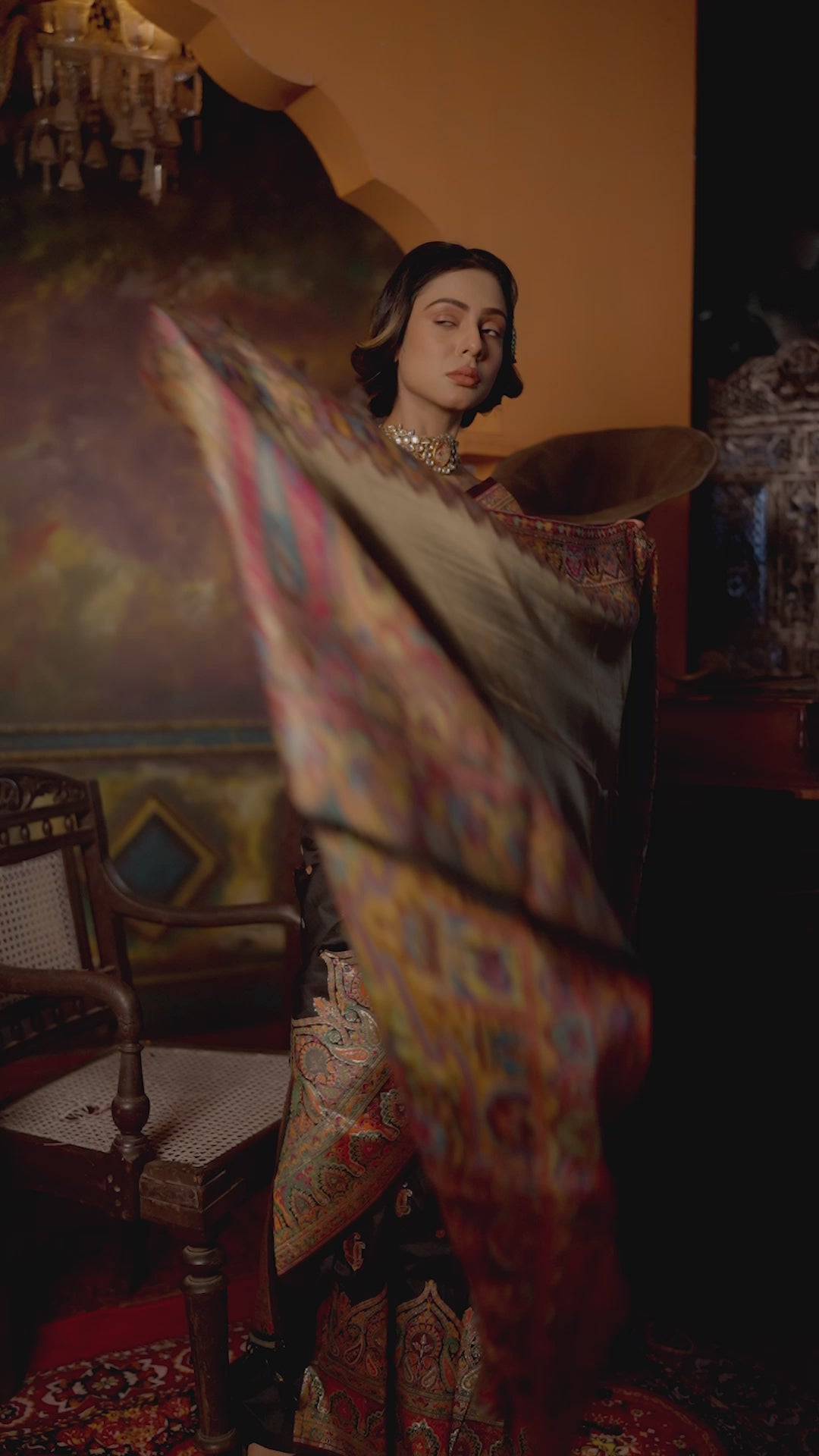 Pashtush Womens Shawl, Twilight Collection, Fine Wool, Amber and Gold