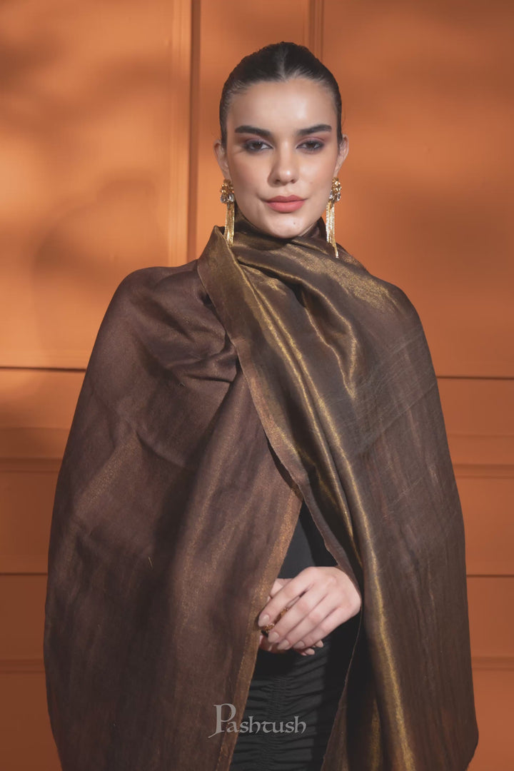 Pashtush Womens Extra Fine Wool Stole, Twilight Collection, Reversible Weave, Dark Grey and Muted Gold