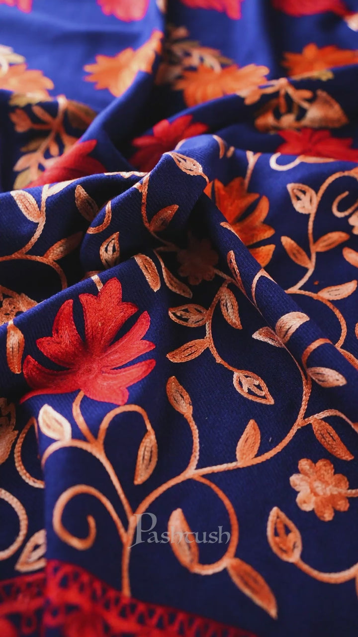Pashtush Womens Stole, Aari Embroidery, Chinaar Design Navy Blue