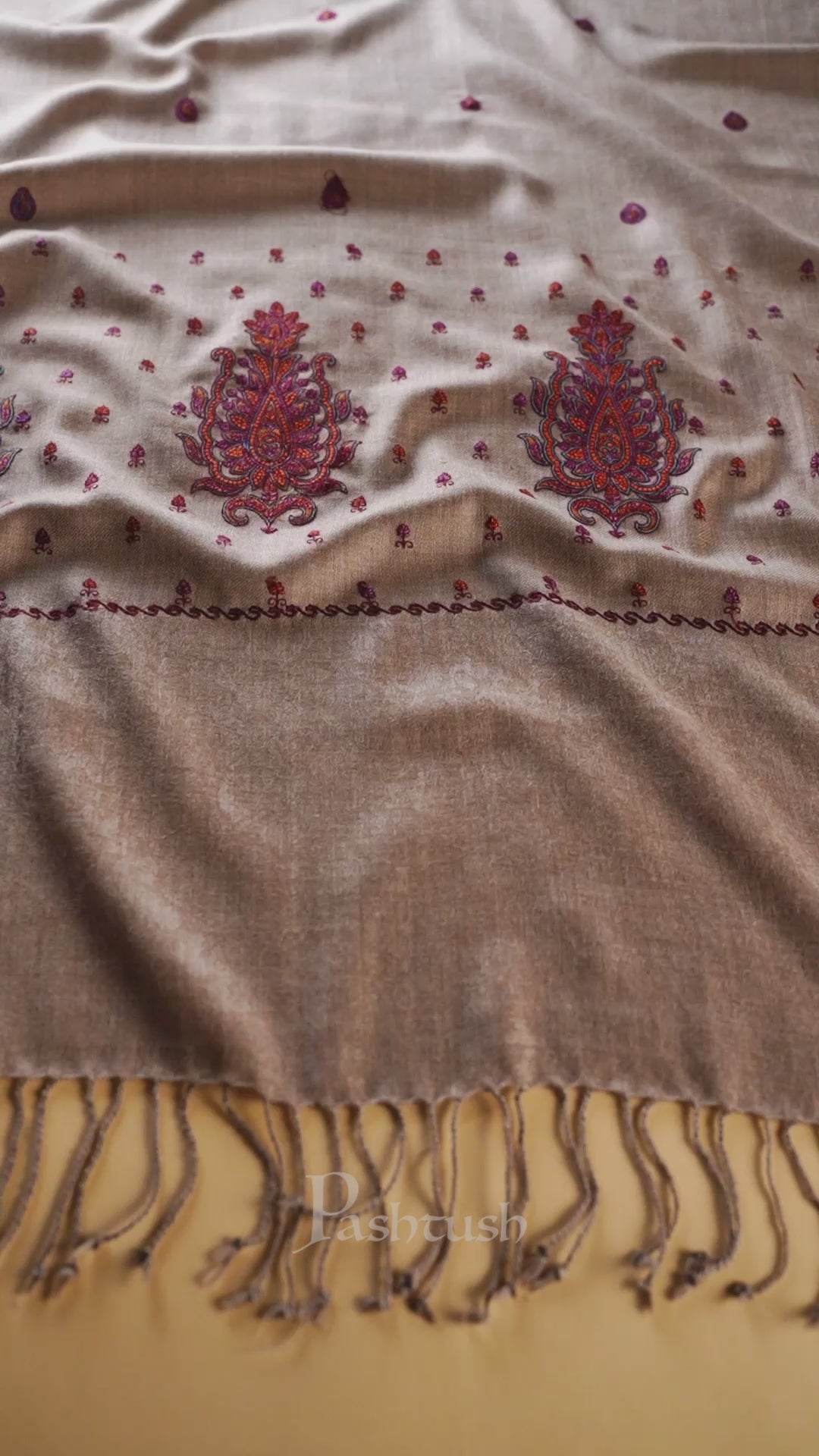 Pashtush womens Fine Wool Stole, Kashmiri Booti Embroidery Needlework design, Beige