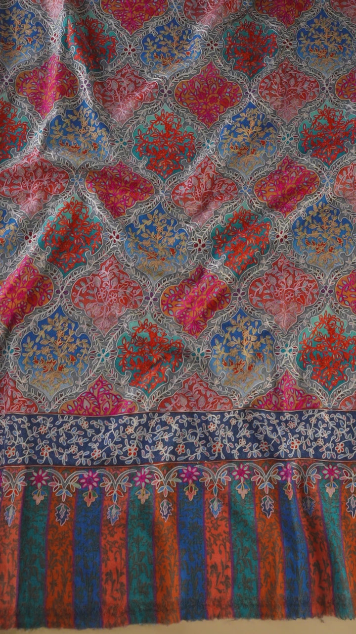 Pashtush women Fine Wool shawl, Hand Embroidered Kalamkari design, Multicolour