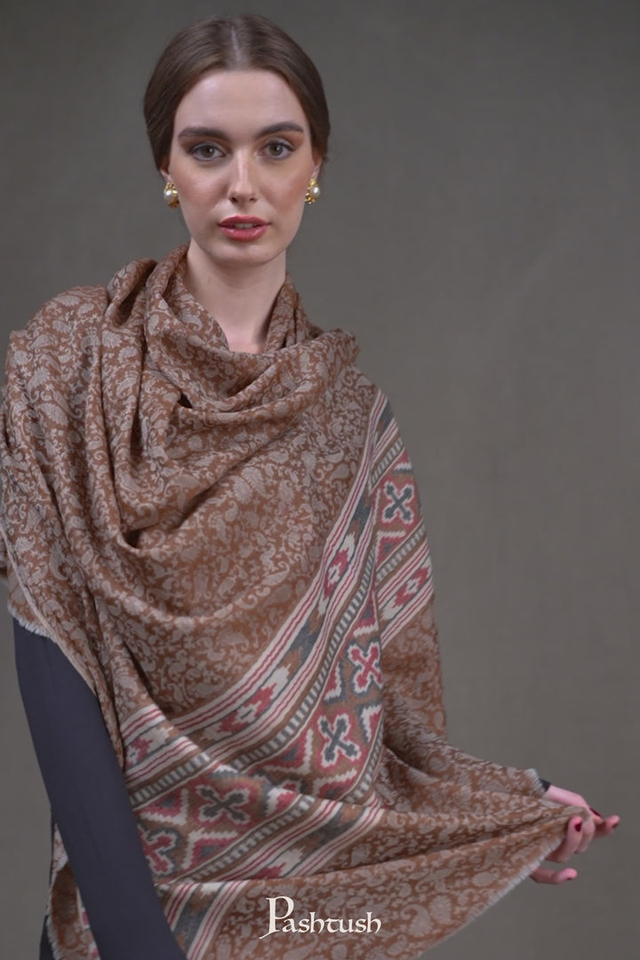 Pashtush Womens Extra Fine Wool Shawl, Aztec Weave Palla Design, Coffee