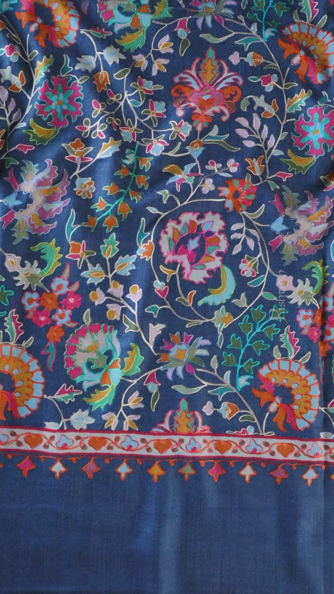 Pashtush womens Fine Wool shawl, Kalamkari design, Navy Blue