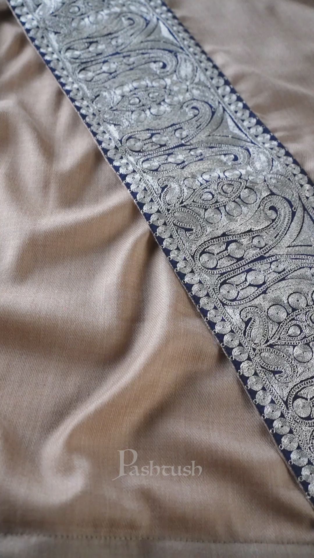 Pashtush mens 100% Pure Wool with Woolmark Certificate stole, Metallic Tilla silver border weave design, Beige