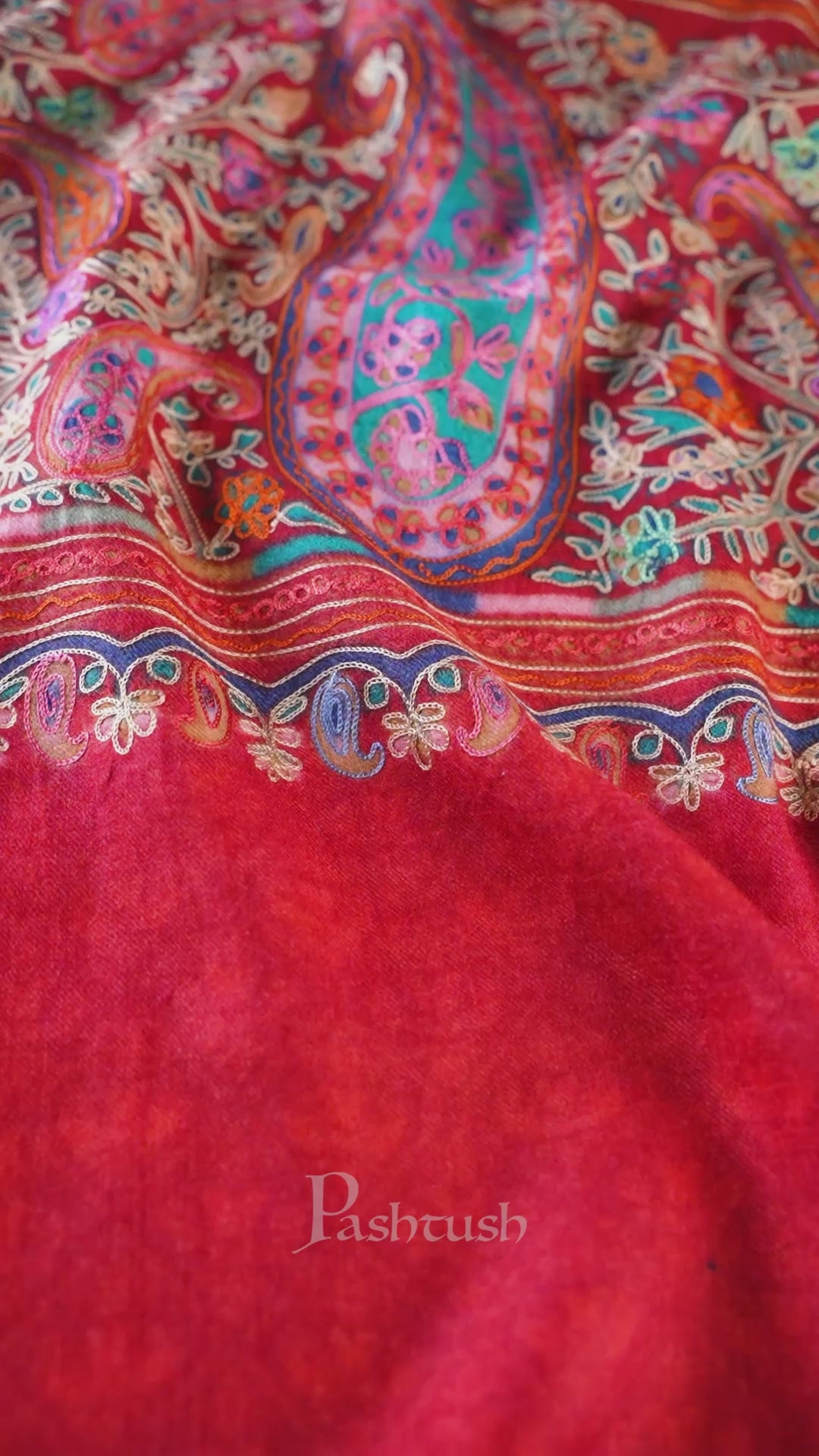 Pashtush womens Fine Wool shawl, Hand Embroidered Kalamkari design, Crimson