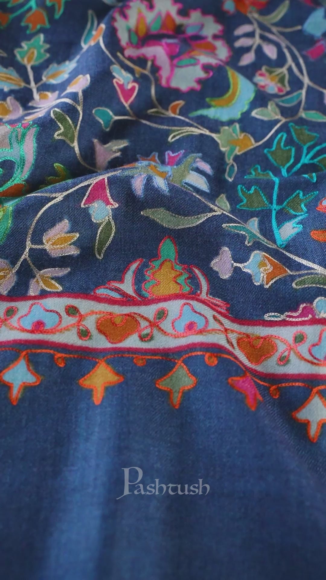 Pashtush womens Fine Wool shawl, Kalamkari design, Navy Blue