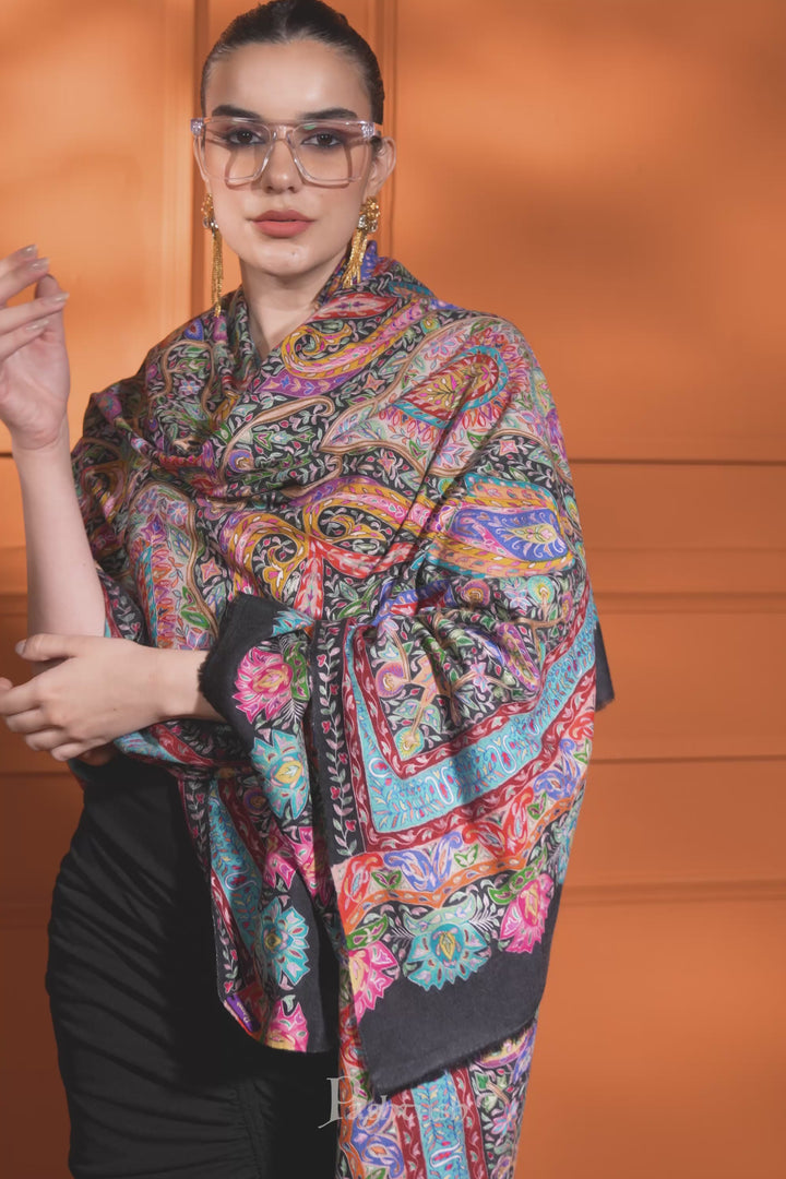 Pashtush Womens Pashmina Shawl, Multicoloured Kalamkari, Hand Painted, Woven, Embroidered with Ombre