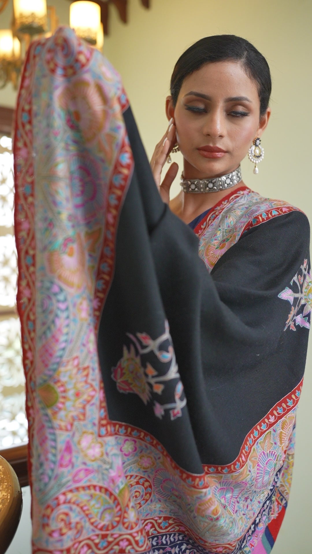 Pashtush Womens Pure Pashmina Shawl, Hand Painted And Embroidered Kalamkari Palla Design, Black