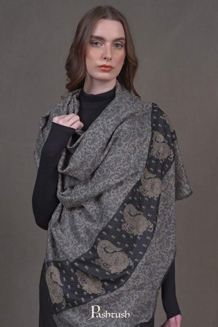 Pashtush Womens Extra Fine Wool Shawl, Embroidered Palla Design, Black And Grey