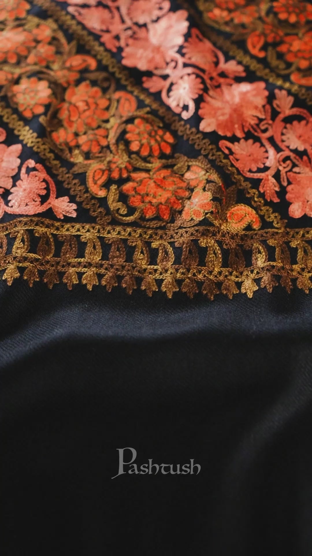 Pashtush Womens Fine Wool Stole, Floral Aari Embroidery Design, Black