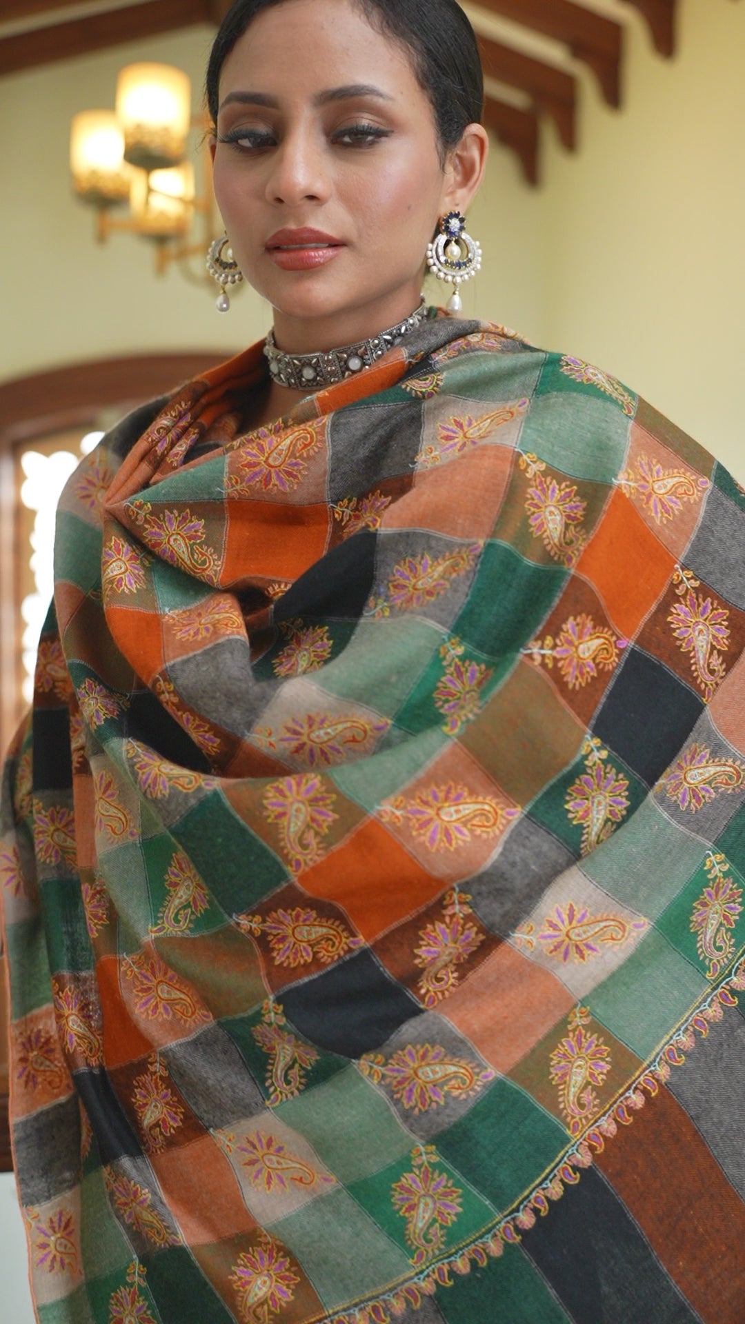 Pashtush Womens Pure Pashmina Shawl, Woven Checks Decorated With Sozni Embroidery Design, Multicolour