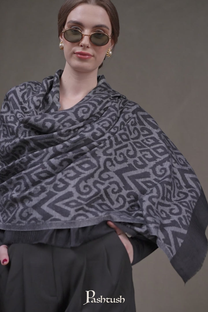 Pashtush Womens Stole, Extra Fine Wool-Silk, Damascus Black