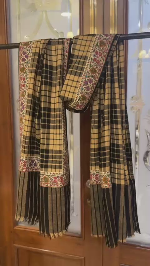 Pashtush Mens Pure Pashmina, Hand Woven Checkered with Antique Kashmiri Embroidery Border